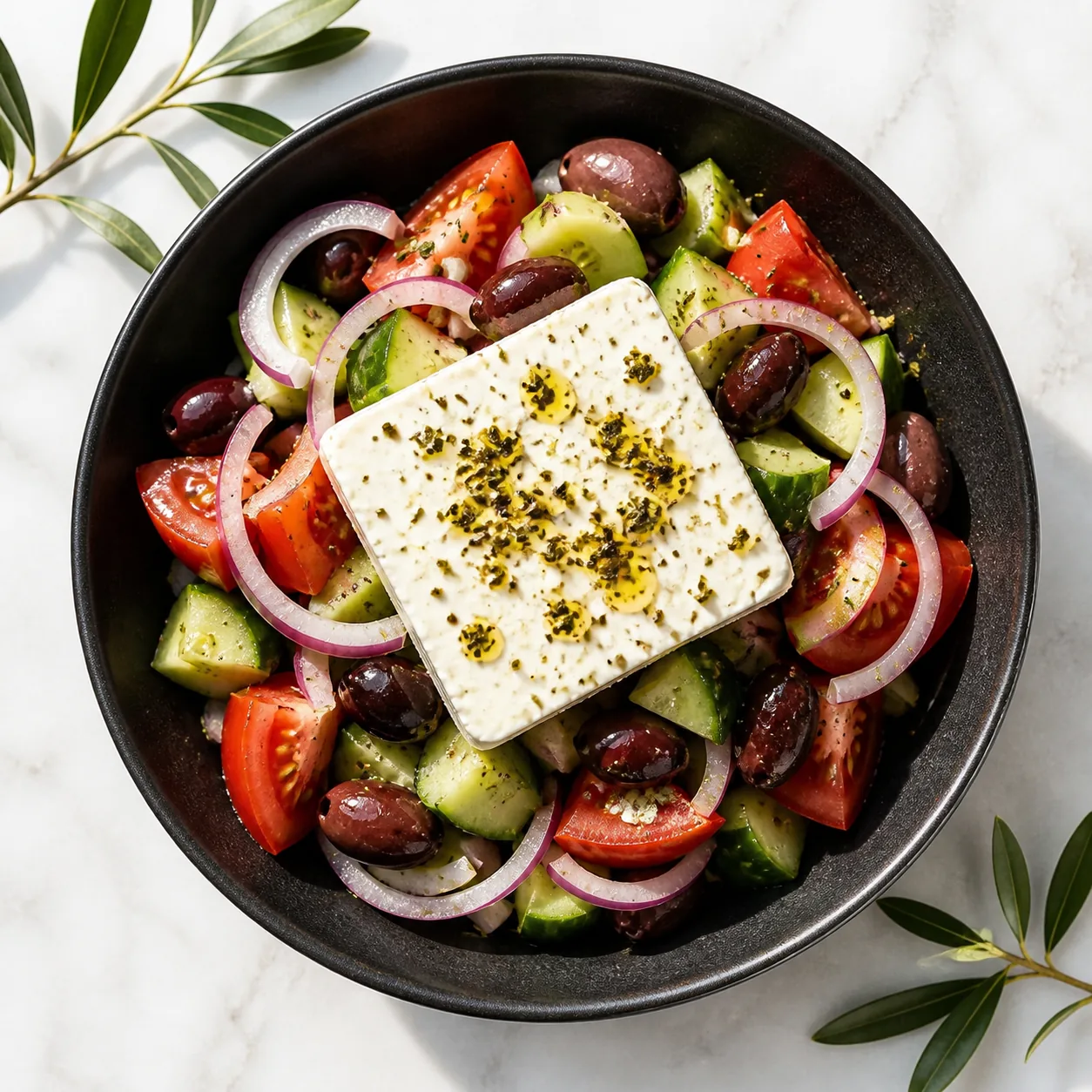 Griechischer Salat mit Feta, Tomaten, Gurke und Oliven